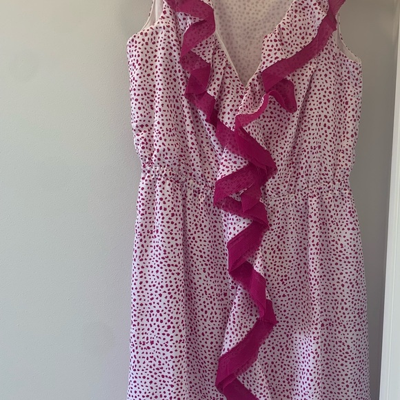 HOT PINK/FUCHSIA/WHITE💖ANN TAYLOR/LOFT PETITES XSP SILK RUFFLE MINI DRESS - Picture 7 of 9